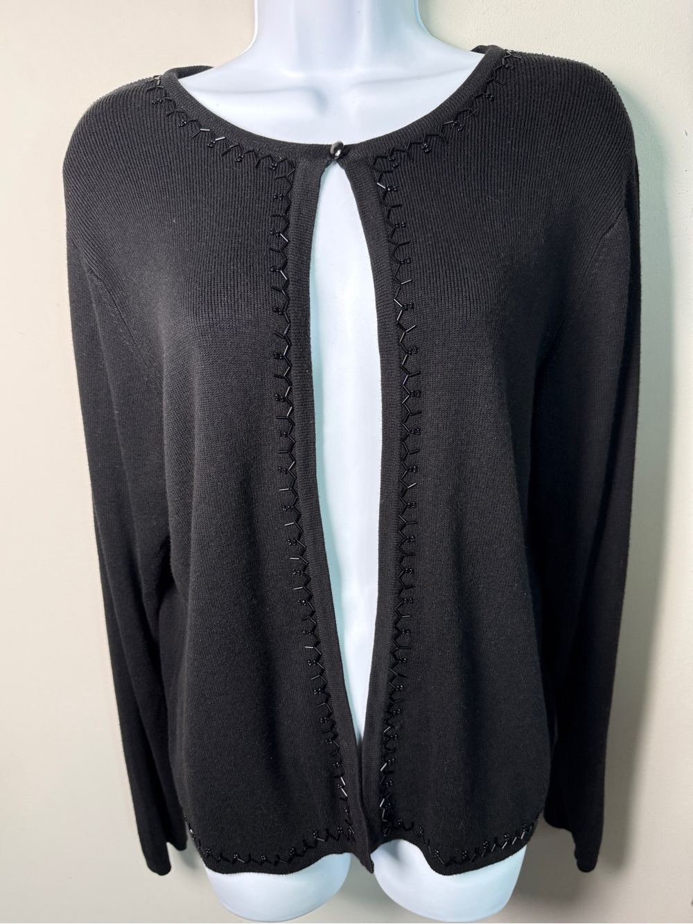 Charter Club Black Beaded Cardigan Sweater One Button Rayon Cotton Knit Sz L